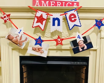 Fourth of July Birthday Party Decor, Little Firecracker 12 Month Photo Banner. 4th of July High Chair Banner, Patriotic 1st Birthday Banner