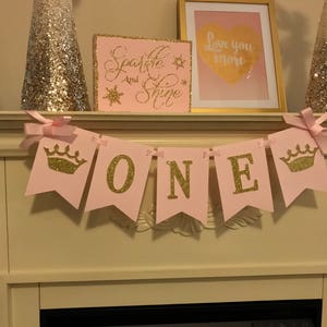 Pink and Gold 1st Birthday Decorations, Princess Birthday Banner, High Chair Banner, Girl First Birthday, Crown Birthday Decorations image 3