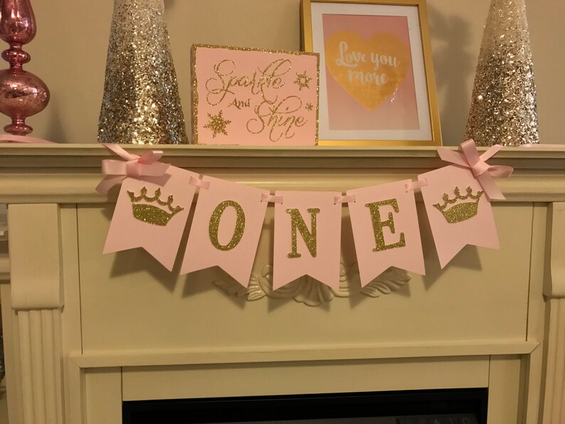 Pink and Gold 1st Birthday Decorations, Princess Birthday Banner, High Chair Banner, Girl First Birthday, Crown Birthday Decorations image 3