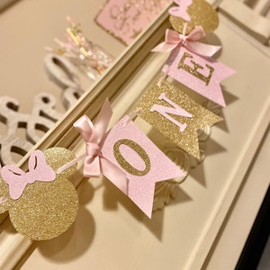 Pink and Gold Minnie Mouse First Birthday Banner: Glitter Party Decor