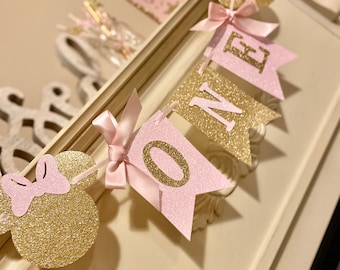 Pink and Gold Minnie Mouse First Birthday Banner: Glitter Party Decor