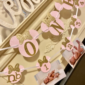 May include: Pink and gold glitter Minnie Mouse themed banner with numbers 1 through 4 and the letter "M" for a first birthday party. Each number is on a separate pink circle with a gold glitter bow. The banner is strung with white ribbon.