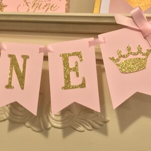 Pink and Gold 1st Birthday Decorations, Princess Birthday Banner, High Chair Banner, Girl First Birthday, Crown Birthday Decorations image 2