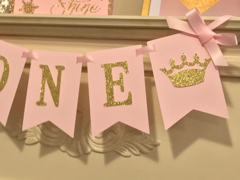 Pink and Gold 1st Birthday Decorations, Princess Birthday Banner, High Chair Banner, Girl First Birthday, Crown Birthday Decorations image 2