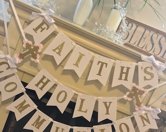 Personalized First Holy Communion Banner: Gold Glitter Party Decor