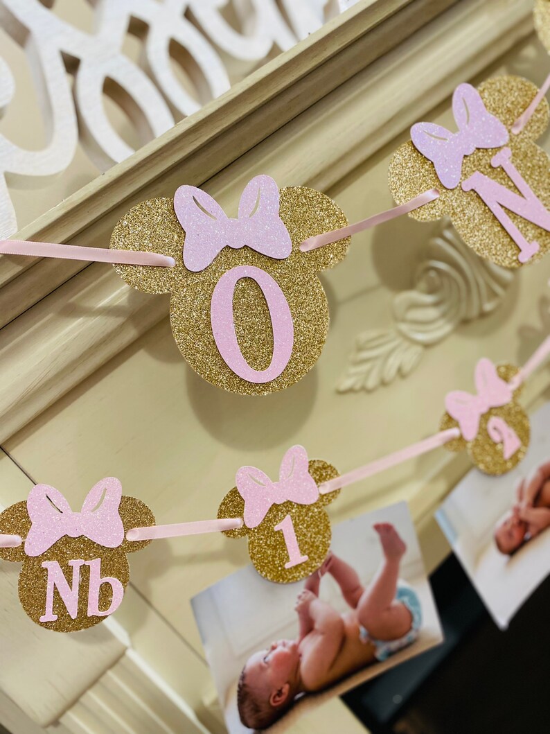 May include: A pink and gold glitter banner with Mickey Mouse ears and bows. The banner has the numbers 0, 1, and NB on it.