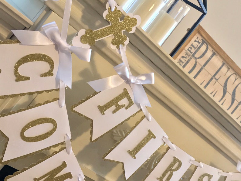 Gold Glitter First Communion Banner: God Bless Christening Decor ...