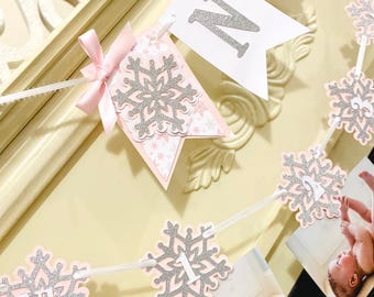 Winter Onederland Pink & Silver Snowflake Banner, Girl First Birthday , Snowflake Party Decor