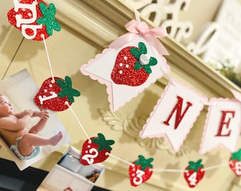 Berry 1st Birthday : Strawberry Photo Banner and  High Chair Party Decor