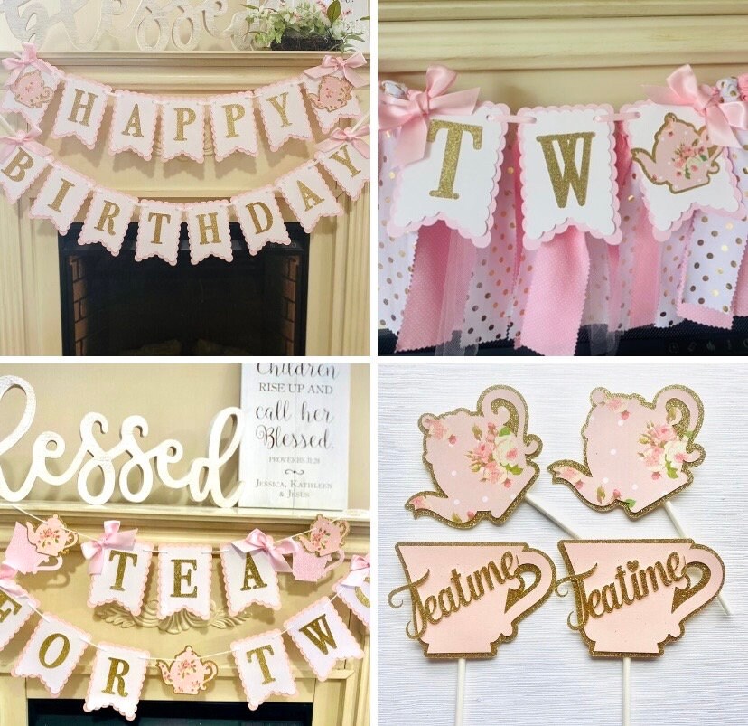 Tea For Two Birthday Bundle Tea Party Cupcake Toppers Tea for Two Banner Princess tea Party Tea Party Decorations Tea Party