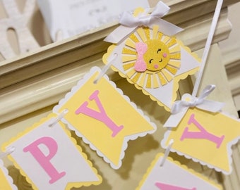 Sunshine 1st Birthday , Pink & Yellow Sun Party Decor, You are my Sunshine Banner