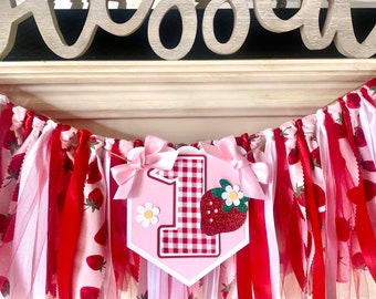 Banner de silla alta de fresa para primer cumpleaños: primer cumpleaños de bayas, UNO + guirnalda