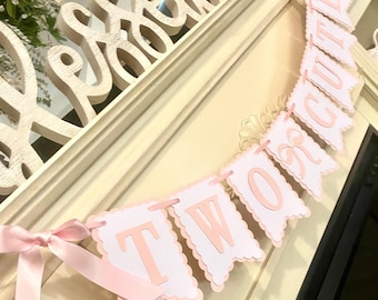 Two Cute Birthday Banner, Bow, Coquette Pink Party Decor