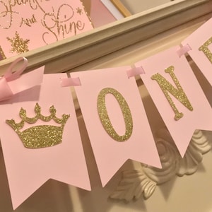 Pink and Gold 1st Birthday Decorations, Princess Birthday Banner, High Chair Banner, Girl First Birthday, Crown Birthday Decorations image 1
