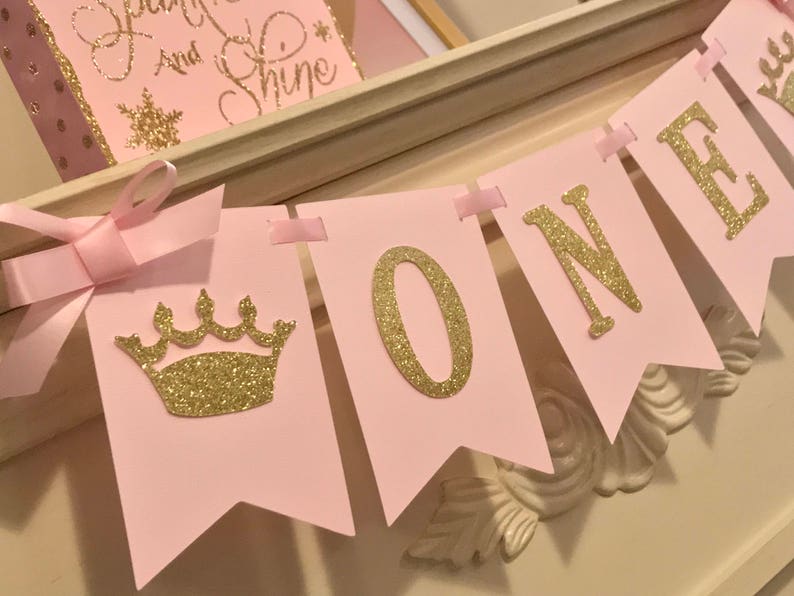 Pink and Gold 1st Birthday Decorations, Princess Birthday Banner, High Chair Banner, Girl First Birthday, Crown Birthday Decorations image 1