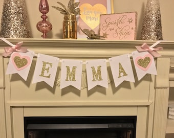 Pink and gold first Birthday Decorations. Princess 1st Birthday, High Chair banner, One Banner