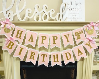 Minnie Mouse Birthday Party Decorations , Pink and Gold Banner . Girl 2nd Birthday , Oh Twodles