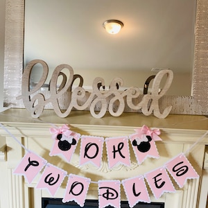 May include: Pink and black banner with the words "Twoodles Oh" and a Mickey Mouse head on each end. The banner is hanging from a fireplace mantel.