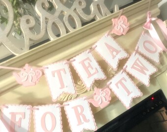 Tea for Two Birthday Banner, Glitter Teapot, Pink White Gold Party Decor
