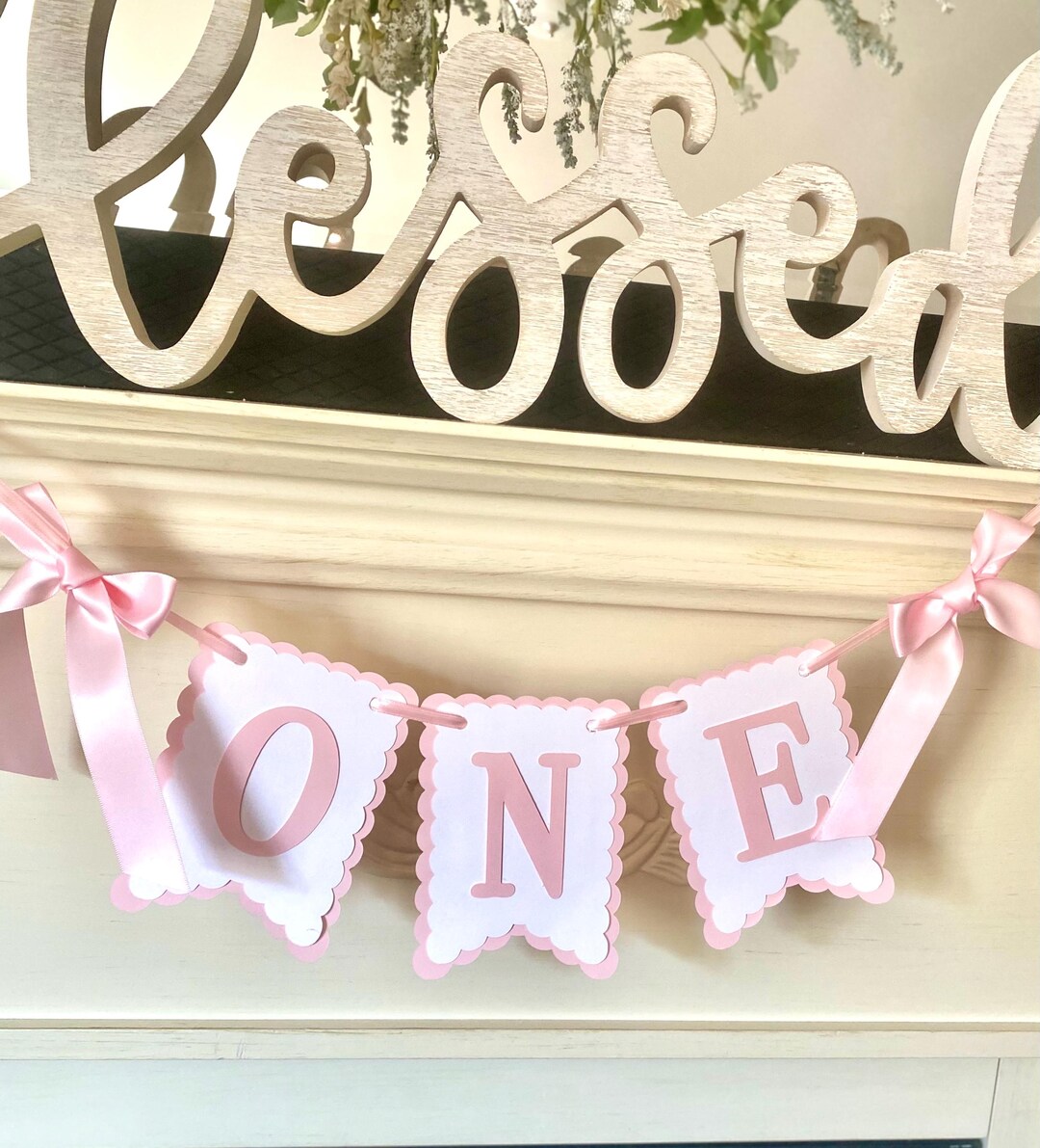 Bow 1st Birthday Decorations , Bow High Chair Banner, Pink and White ...