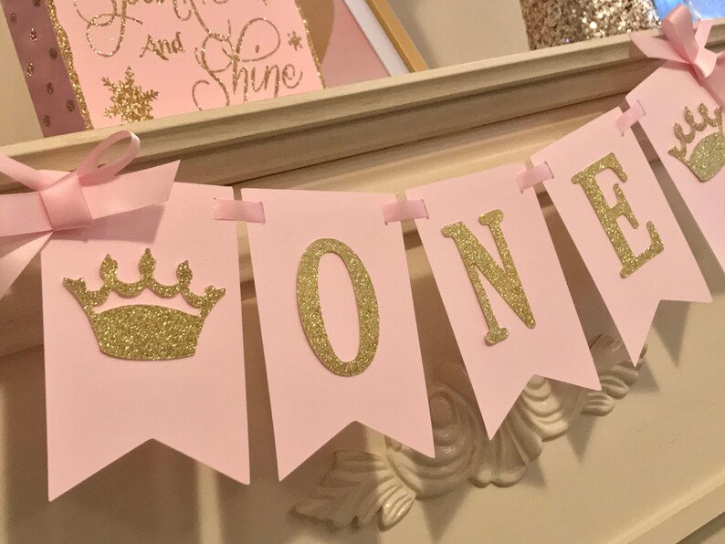 Pink and Gold 1st Birthday Decorations, Princess Birthday Banner, High Chair Banner, Girl First Birthday, Crown Birthday Decorations image 4