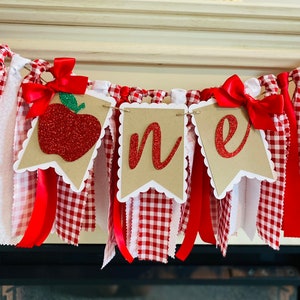Apple 1st Birthday High Chair Banner: Red Glitter Party Decor