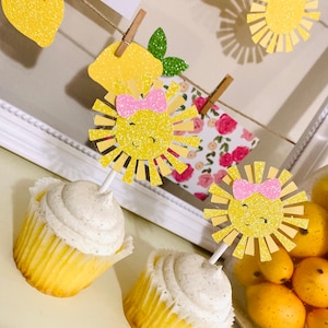 Sunshine Birthday Cupcake Toppers: Pink & Yellow Glitter, First Trip Around The Sun