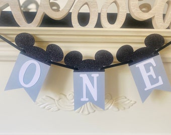 Mickey Mouse High Chair Banner: Gray, Black, and White 1st Birthday