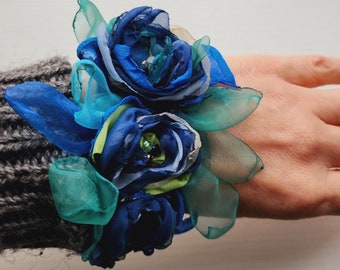 Handcrafted Flower Hair Elastic Floral Hair Tie Unique Floral Hair Accessory For Bridesmaid Festivals Floral Hair or Hand  Blue Green color