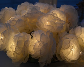 10 White Peony String Lights 1.6m Flower Garland - Ideal for Weddings, Bridal Showers, Bachelorette Parties, Baby Nurseries, Mothers day