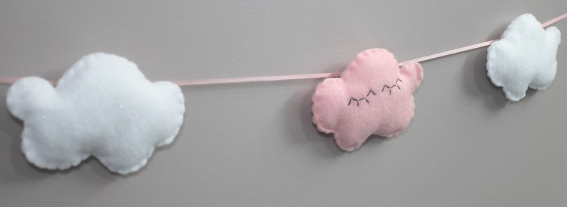 Cutest felt cloud garland for kids'/baby room: white, sparkly clouds and a sleepy pink cloud with eyelashes image 6
