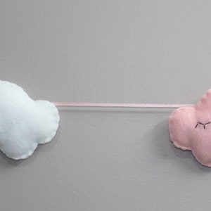 Cutest felt cloud garland for kids'/baby room: white, sparkly clouds and a sleepy pink cloud with eyelashes image 4