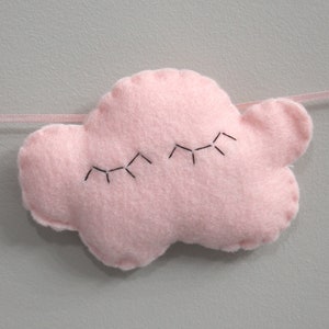 Cutest felt cloud garland for kids'/baby room: white, sparkly clouds and a sleepy pink cloud with eyelashes image 8