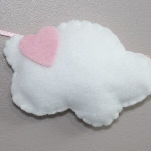 Cutest felt cloud garland for kids'/baby room: white, sparkly clouds and a sleepy pink cloud with eyelashes image 7