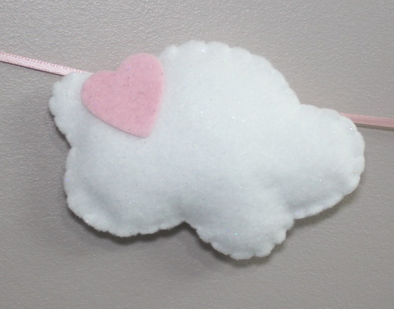 Cutest felt cloud garland for kids'/baby room: white, sparkly clouds and a sleepy pink cloud with eyelashes image 7