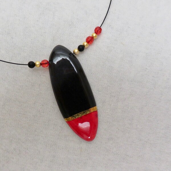 Chain ceramic pendant black red gold, 59 cm or desired length, unique, gift