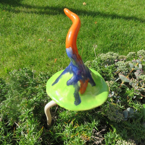 skurriler Fantasie-Pilz giftgrün-blu-orange, Keramik,  für Feengarten, Miniaturgarten, Blumentopf, Geschenk