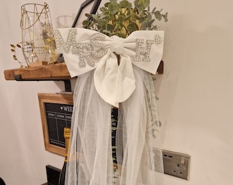 Personalised MRS Hair Bow Clip with Veil – Bridal, Hen Party & Wedding Accessory