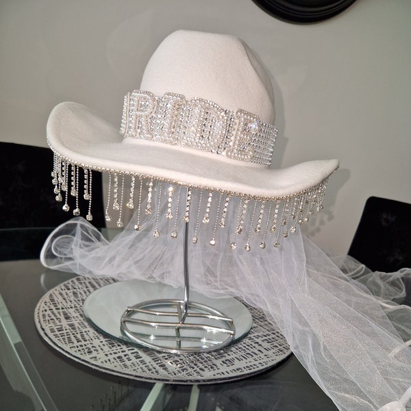 Crystal Rhinestone Pearl Embellished Bride Cowboy Cowgirl Rodeo Hat WITH VEIL