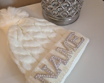 Crystal Rhinestone Pearl Embellished Woolly Hat ANY PERSONALISATION