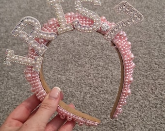 Handmade Girls Birthday NAME and AGE Pink Pearl Personalised Headband Crown