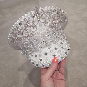 Crystal Rhinestone Pearl Embellished Bridal Captain Hat – Bride Military Hat, Wedding Bachelorette Accessory, Hen Party Gift