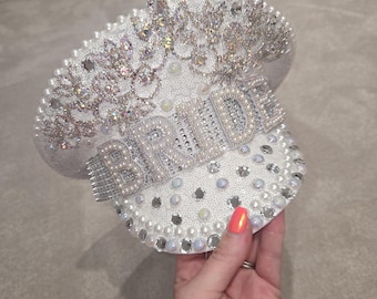 Crystal Rhinestone Pearl Embellished Bridal Captain Hat – Bride Military Hat, Wedding Bachelorette Accessory, Hen Party Gift