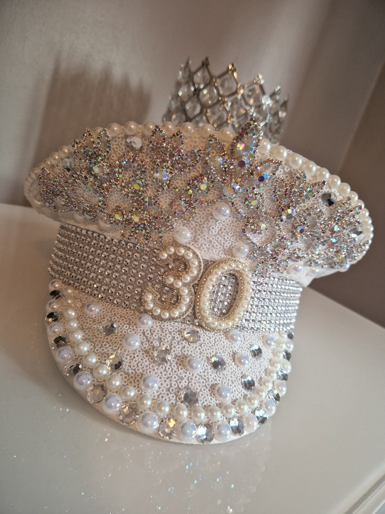 Crystal Rhinestone Pearl Embellished Captain Military Hat Birthday 21 , 30, 40 ,50 etc. image 1