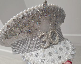 Birthday Hat Crystal Rhinestone Pearl Captain Hat – Personalised 21 30 40 50 60 (and more) Party Accessory