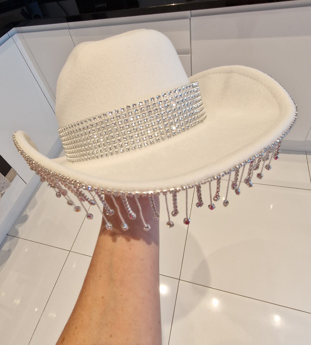 Glamorous Crystal-Embellished Western Straw Hat in Cream Beige / Tan Cowgirl Hat With Rhinestones. Western Wedding  main image 4