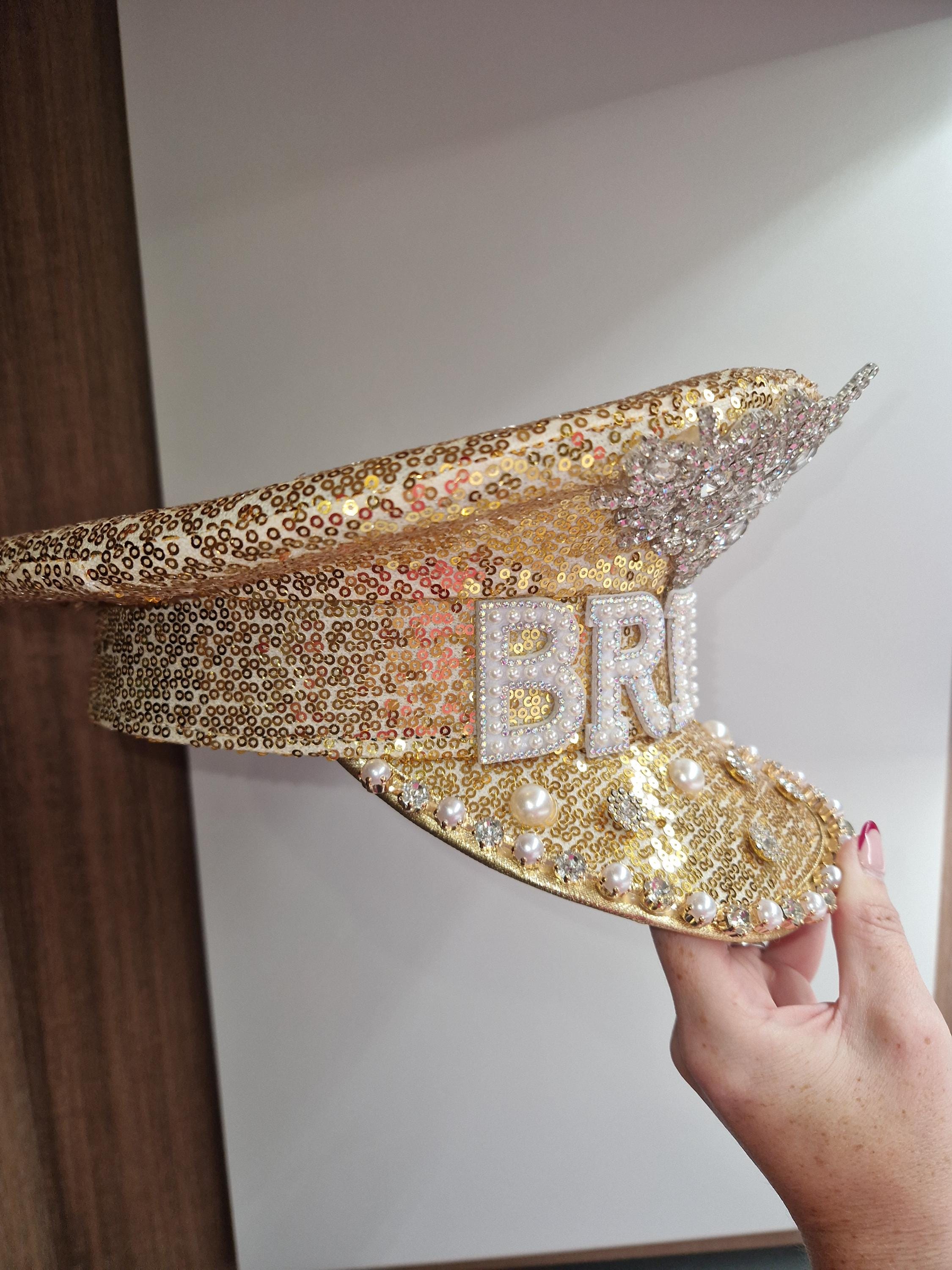 Gold & Pearl Bride Rhinestone Studded Captain Hat Sequin Bride Captain Hat: Rhinestone Pearl Bachelorette  main image 2
