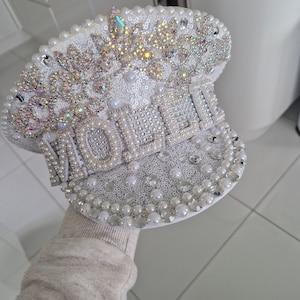 Crystal Rhinestone Pearl Embellished Captain Military Hat Birthday ANY NAME Personalised.