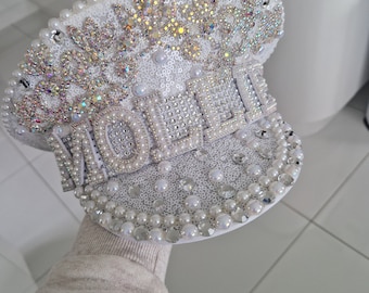 Crystal Rhinestone Pearl Embellished Captain Military Hat Birthday ANY NAME Personalised.