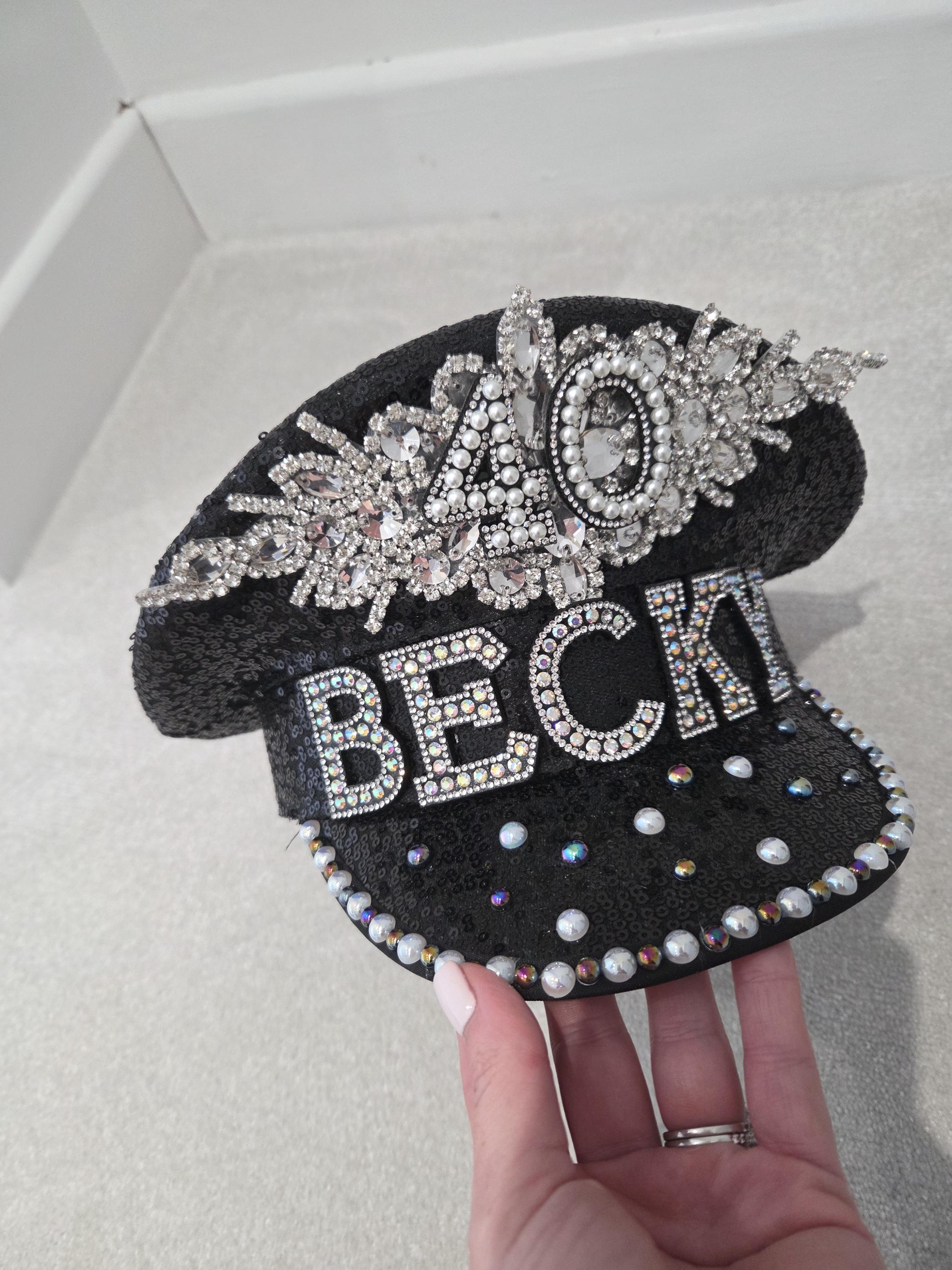 Embellished Black Velvet Captains Hat, Love Market Black Witch Hat with Velvet Pumpkins and Sequin Veil  main image 4